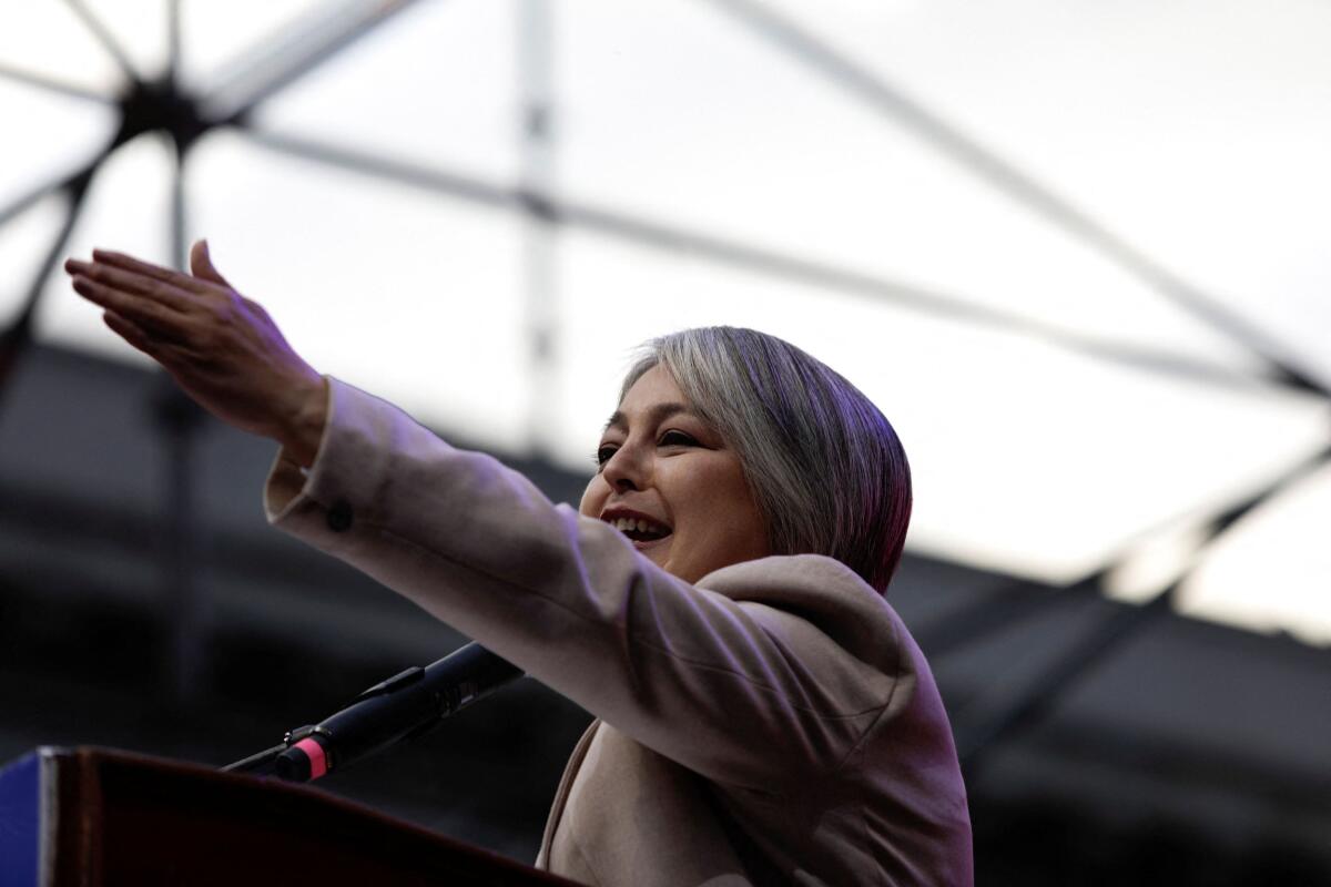 Chilean presidential candidate for the Communist party and the ruling leftist coalition Jeannette Jara addresses supporters in one of her closing campaigns ahead of the presidential election on November 16, in Concepcion, Chile.Credit: Reuters