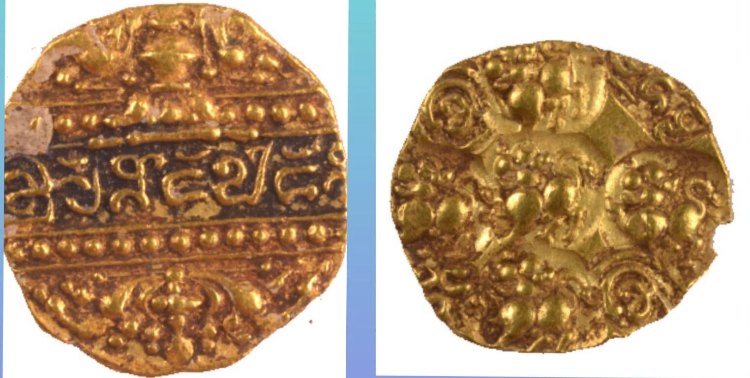 The gold coins embossed with Akkadevi’s epithet discovered in Telangana’s Madugula village recently. 