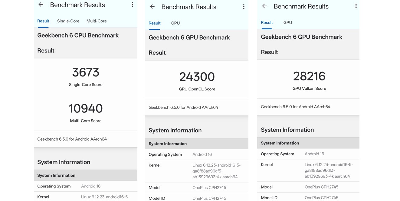 OnePlus 15's single-core, multi-core and GPU score on Geekbench 6.0 performance benchmarking app. 