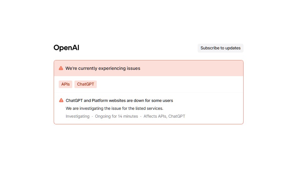 ChatGPT outage issue confirmed by OpenAI. [screengrab of OpenAI status board]