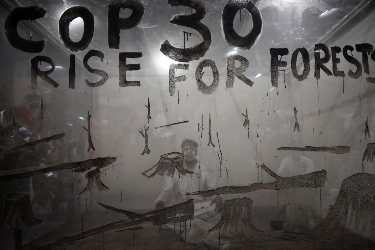 Brazilian artist and activist Mundano takes part in a Greenpeace protest inside the Blue Zone, performing with ashes from the Amazon to symbolize forest destruction, at the UN Climate Change Conference (COP30), in Belem, Brazil.