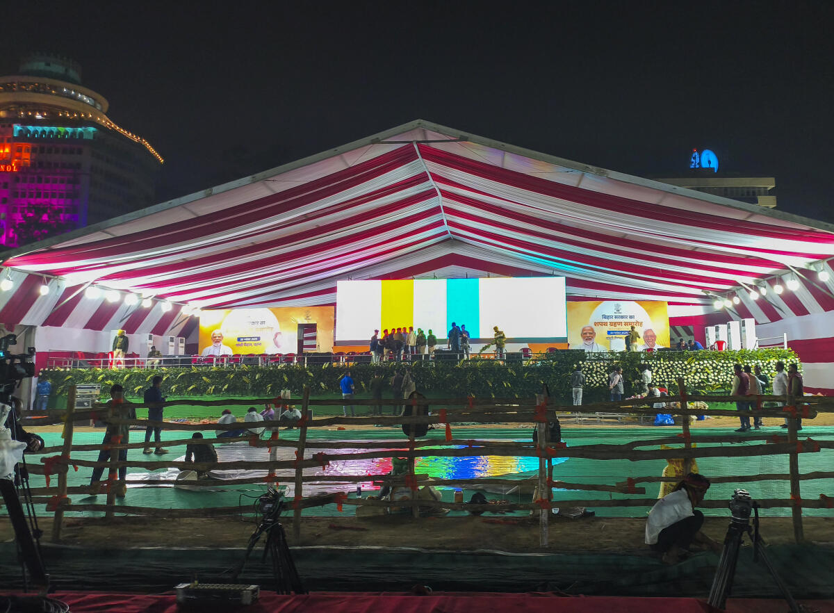 Preparations underway for the swearing-in ceremony of the new Bihar Cabinet, at Gandhi Maidan, in Patna.