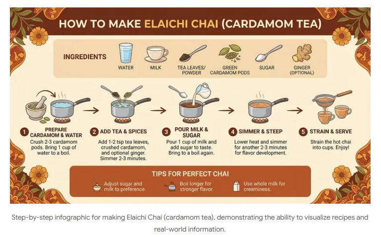 Google Nano Banana Pro can help creating pictoral representation of How to make Cardamon tea.