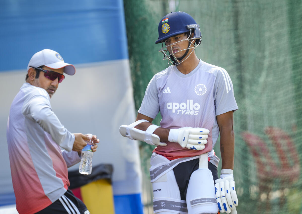 India's Yashasvi Jaiswal with head coach Gautam Gambhir during a training session ahead of the second Test cricket match between India and South Africa, at ACA Stadium, Barsapara in Guwahati, Friday, Nov. 21, 2025