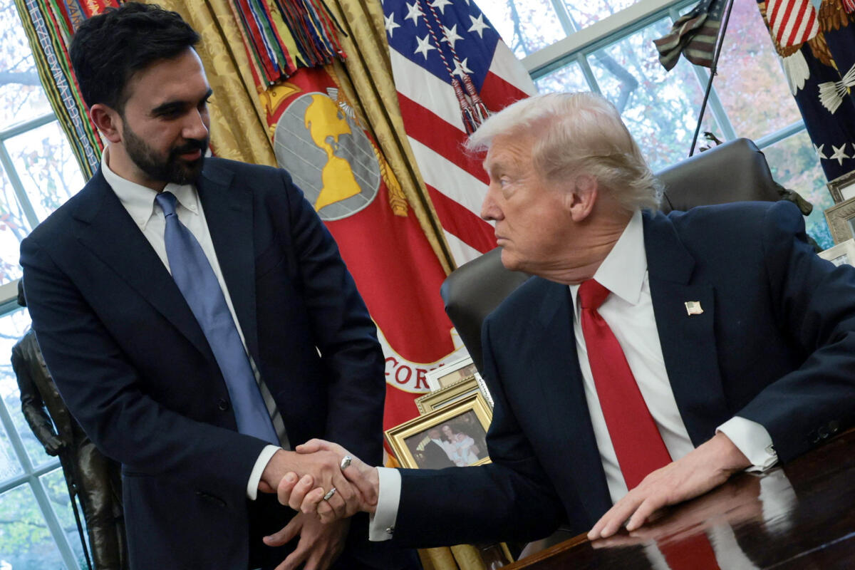 U.S. President Donald Trump and New York City Mayor-elect Zohran Mamdani shake hands as they meet in the Oval Office at the White House in Washington, D.C., U.S., November 21, 2025.