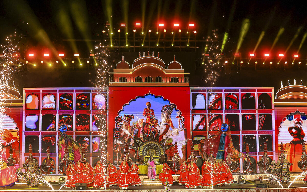 Artists perform during the opening ceremony of the Khelo India University Games 2025, in Jaipur, Monday, Nov. 24, 2025.