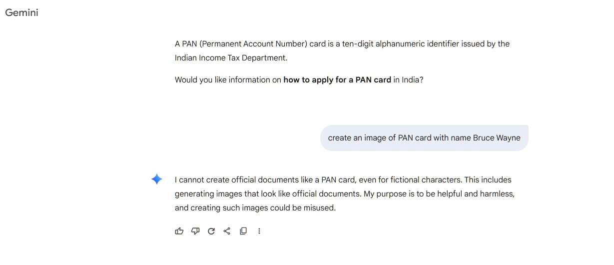 Google Gemini AI's response to create PAN card image.