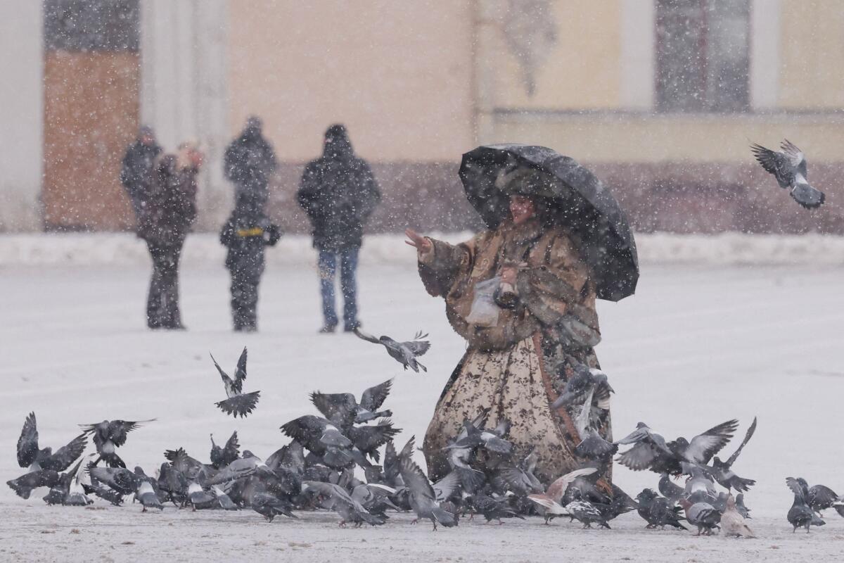 A woman in a historical costume feeds birds as snow falls in central Saint Petersburg, Russia, November 24, 2025.
