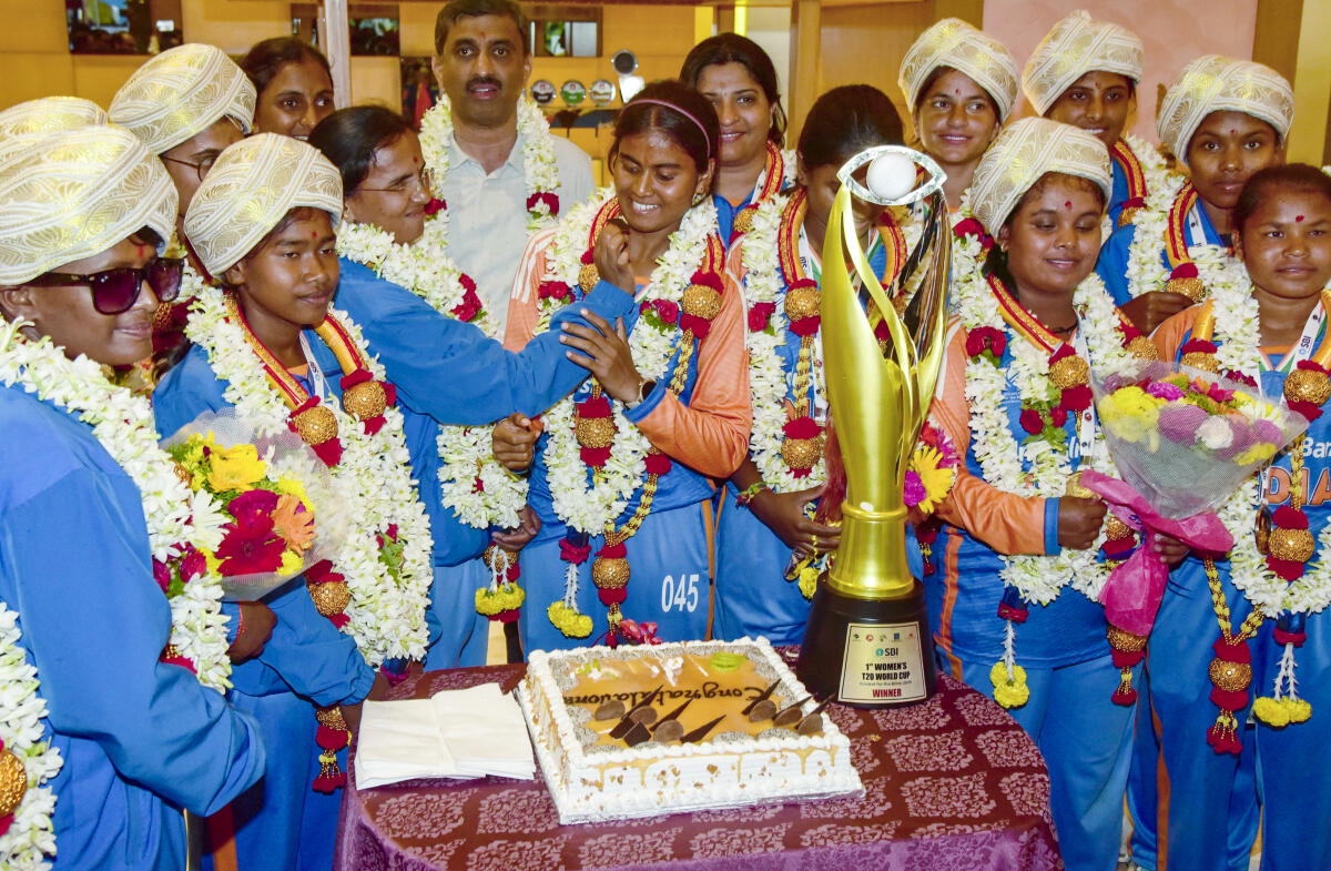 Members of the Indian women's blind cricket team that won the inaugural Women's T20 World Cup for the Blind in Sri Lanka celebrate upon their arrival at a hotel, in Bengaluru, Karnataka, Monday, Nov. 24, 2025.