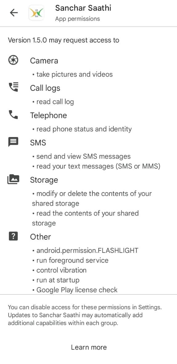 Sanchar Saathi app permissions. 