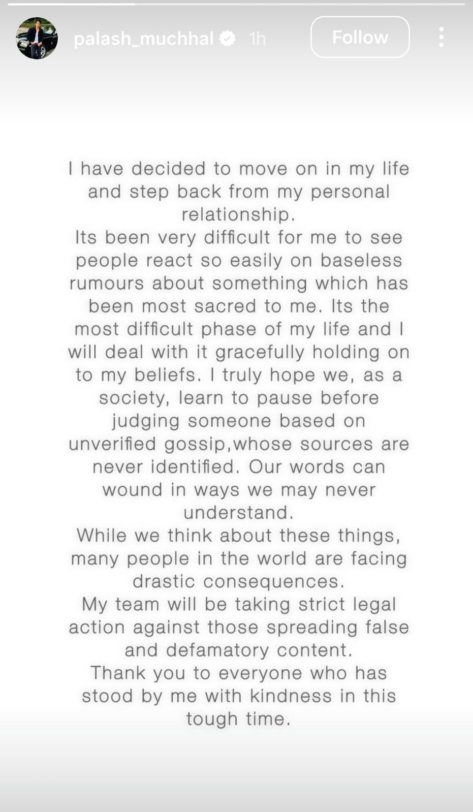 Screenshot of Palash Muchhal's Instagram story.