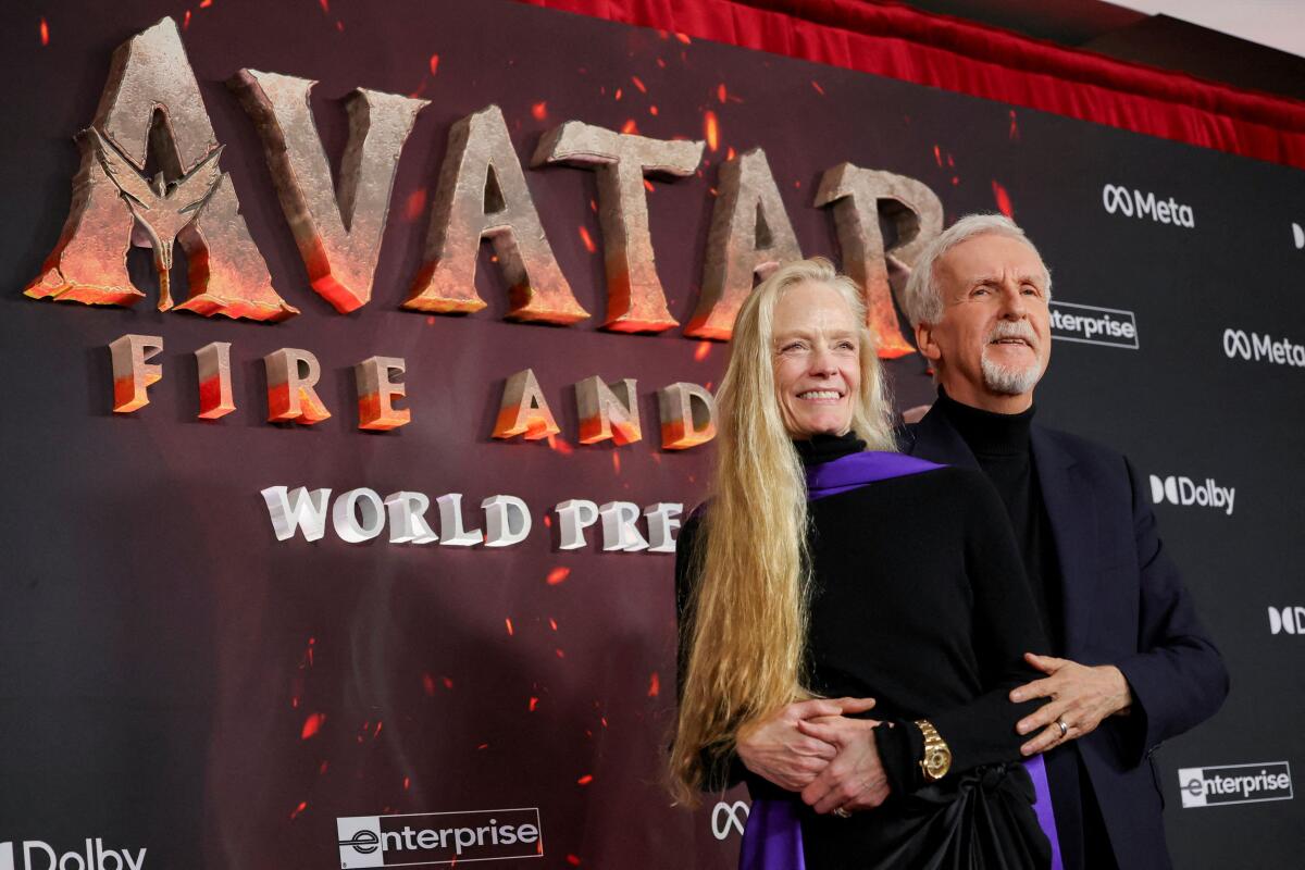 Director James Cameron and his wife, Suzy Amis Cameron, attend the premiere for the film 'Avatar: Fire and Ash', in Los Angeles, California. Credit: Reuters