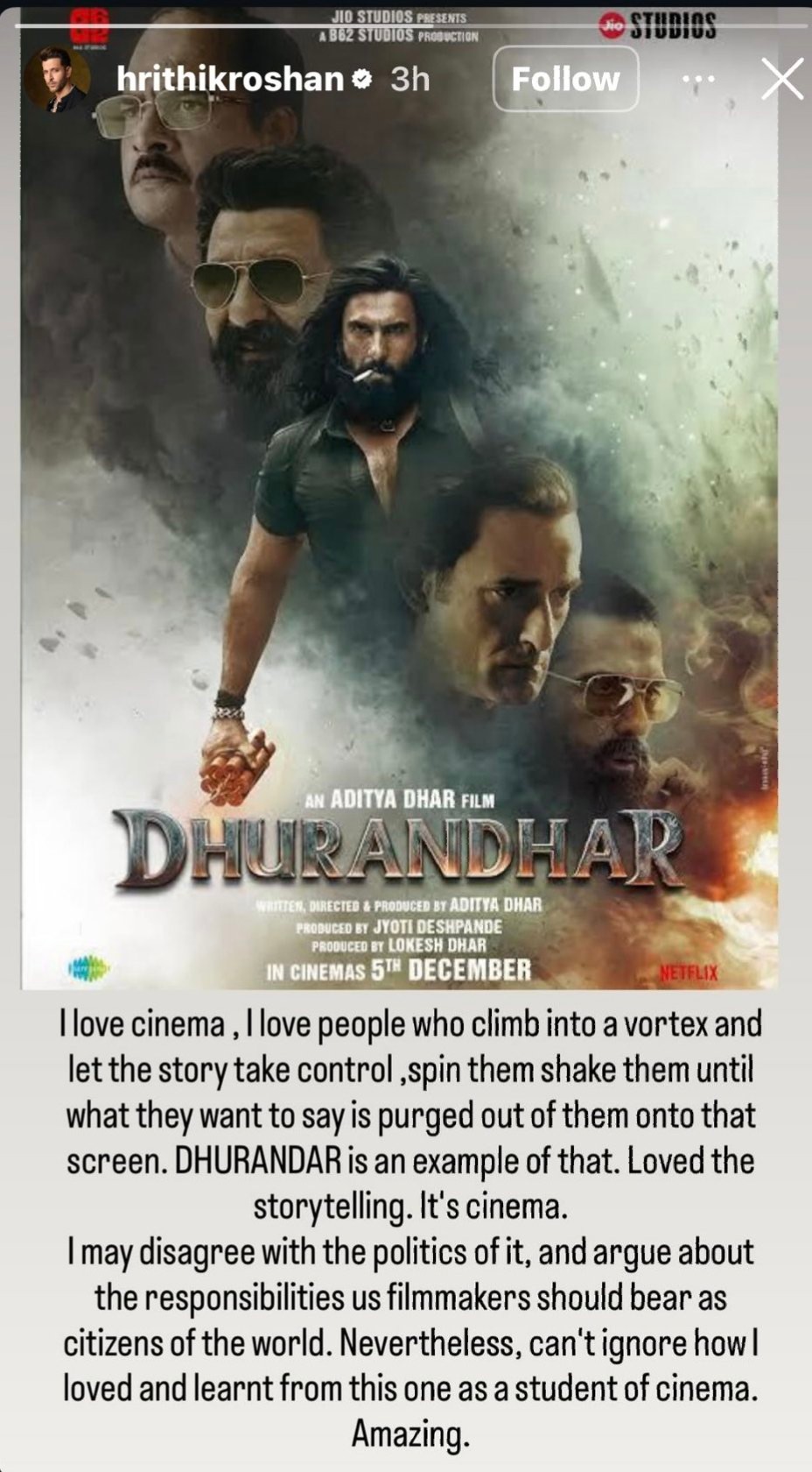 Screengrab of Hrithik Roshan's Instagram story.