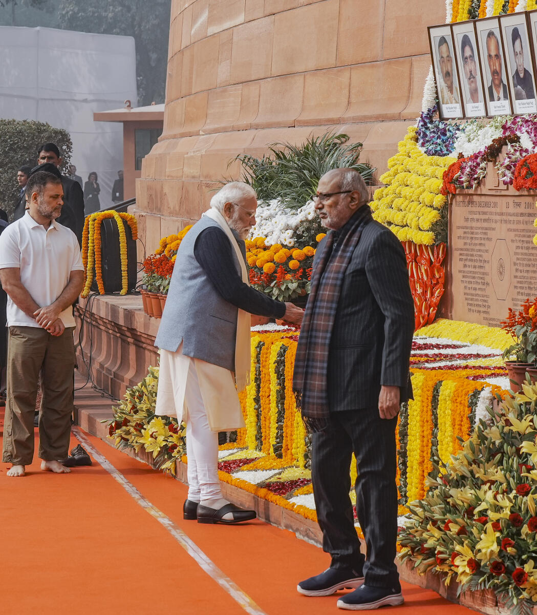 Prime Minister Narendra Modi pays tribute to the martyrs of the 2001 Parliament attack during a ceremony to mark its 24th anniversary, at Samvidhan Sadan, in New Delhi. Credit: PTI