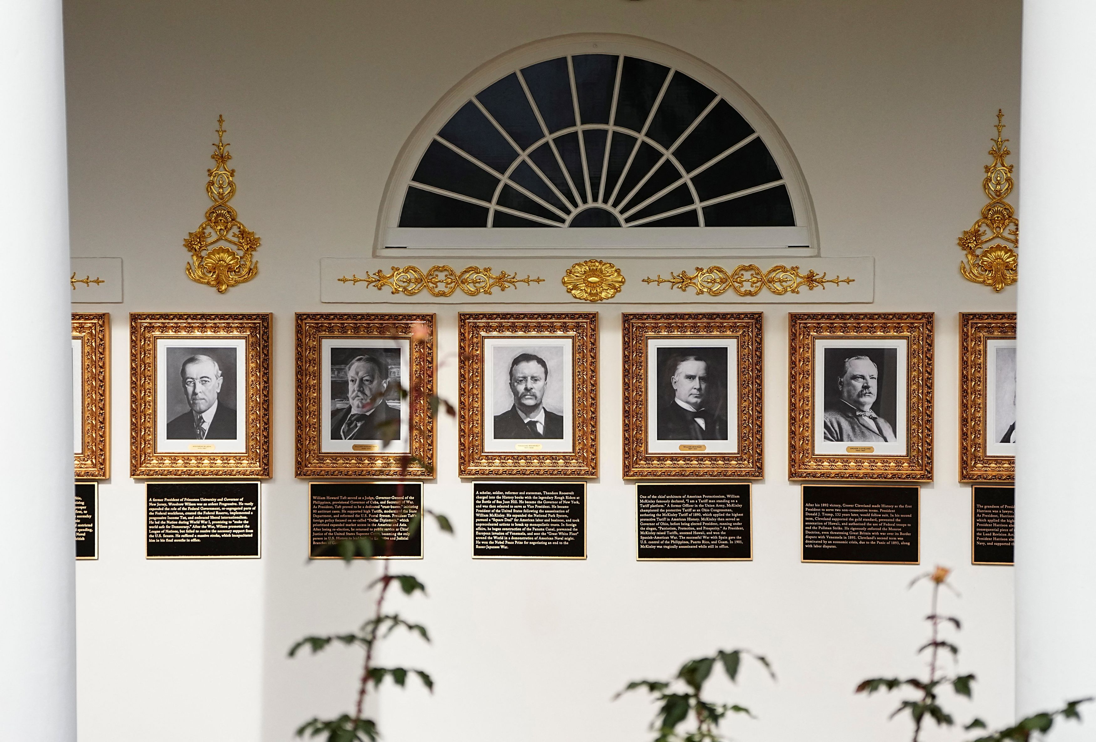Portraits at the "Presidential Walk of Fame" in the Colonnade at the White House, in Washington, D.C., U.S., December 17, 2025.