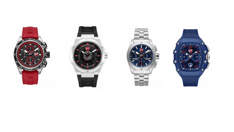 Titan's Ducati Watch Collection [From Left to Right]--Tonneau Sport Chronograph, Turon Black Silicone Chronograph (43.5 mm), Smoto Blue Steel Bracelet Chronograph (42 mm), and Tonneau Sport Automatic – Premium Edition.