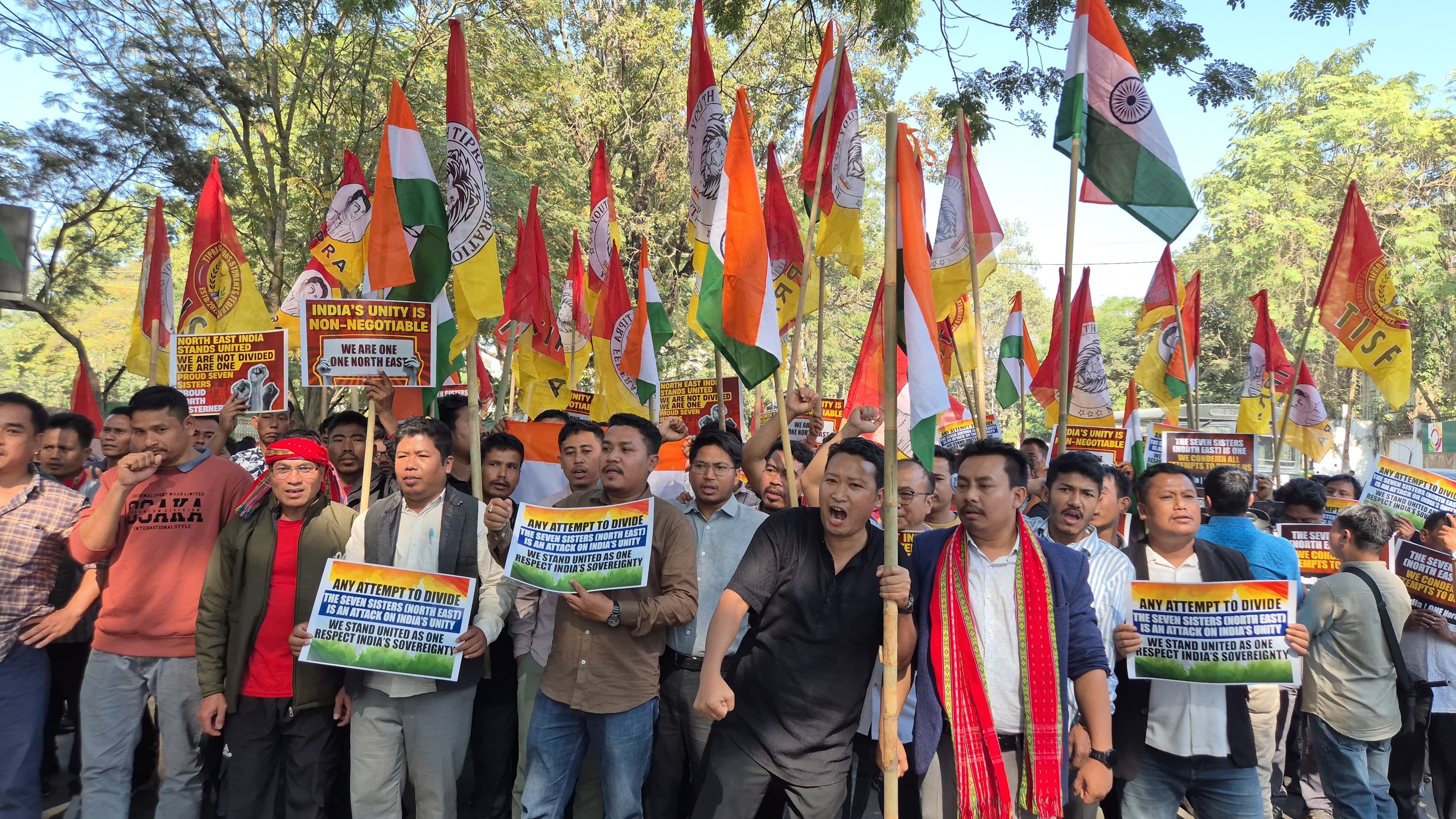 Protest outside Bangladesh Assistant High Commissioner office in Agartala after 'anti-India' statement 