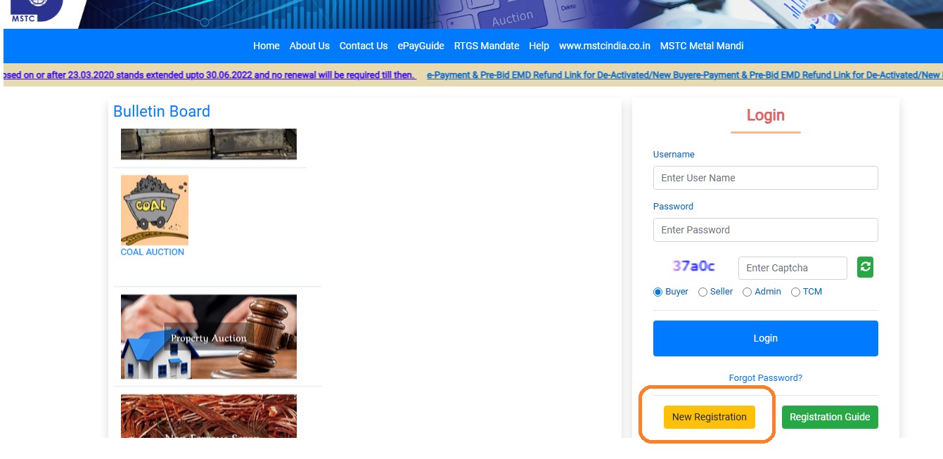 Screen-grab of MSTC E-Commerce website.