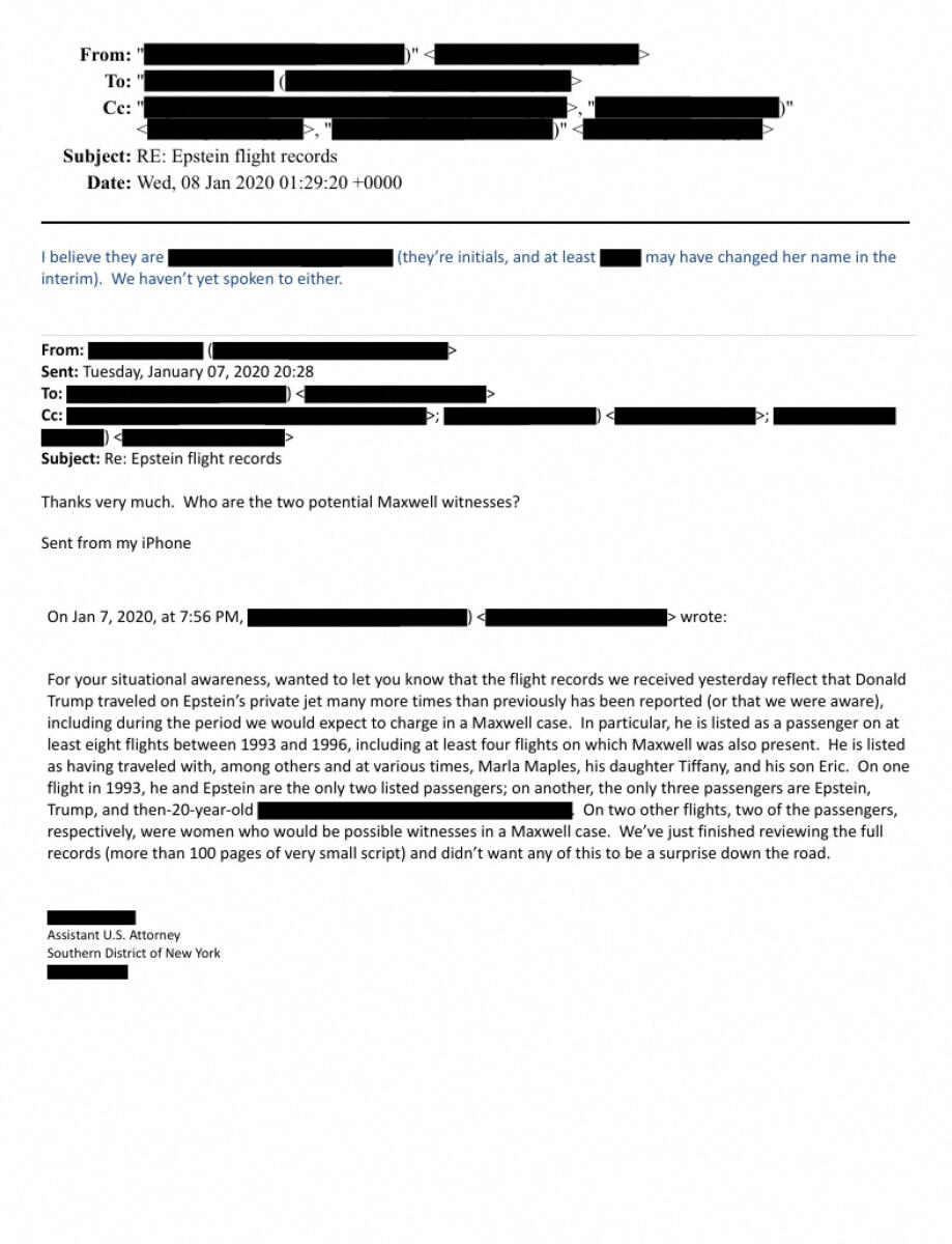 An email discussing Jeffrey Epstein's private jet flight records mention Donald Trump in this image released by the Department of Justice in Washington, D.C., U.S., on Tuesday,