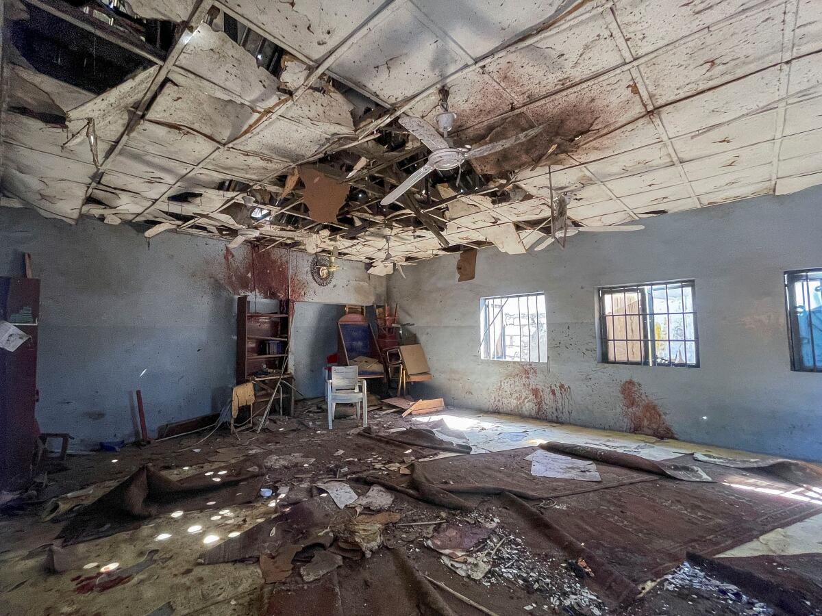 Remnants are seen inside the Al-Adum Jumaat Mosque a day after an explosion that struck the mosque following evening prayers near Gamboru Market in Maiduguri, Borno State, Nigeria.