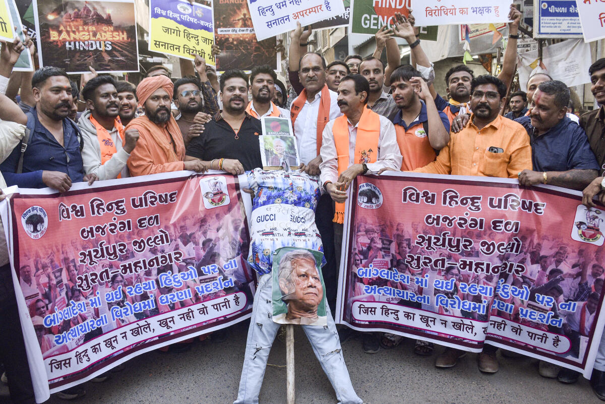 Activists of the Vishva Hindu Parishad and Bajrang Dal stage a protest over the alleged killing of a Hindu youth in Bangladesh, in Surat.