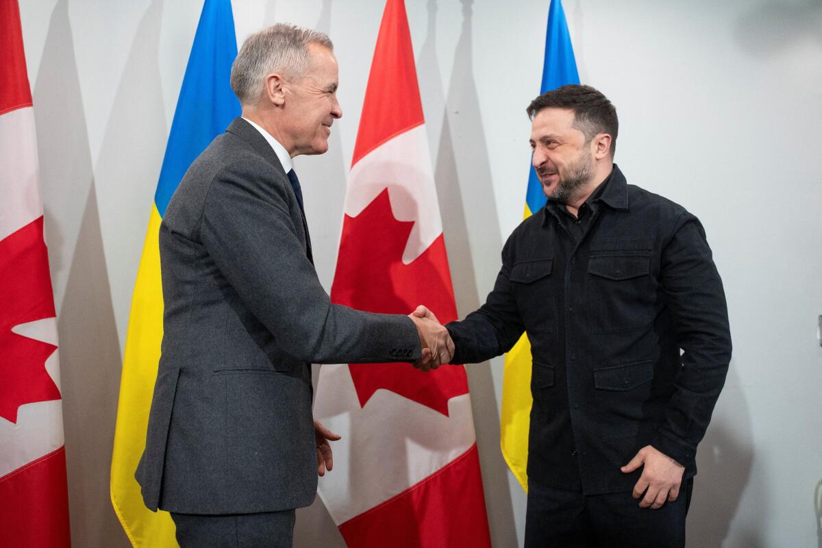 Canada's Prime Minister Mark Carney meets with Ukrainian President Volodymyr Zelenskiy in Halifax, Nova Scotia, Canada.