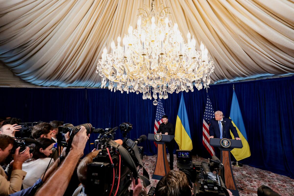 US President Donald Trump and Ukrainian President Volodymyr Zelenskiy hold a press conference after their lunch meeting at Trump’s Mar-a-Lago club, in Palm Beach, Florida, US.