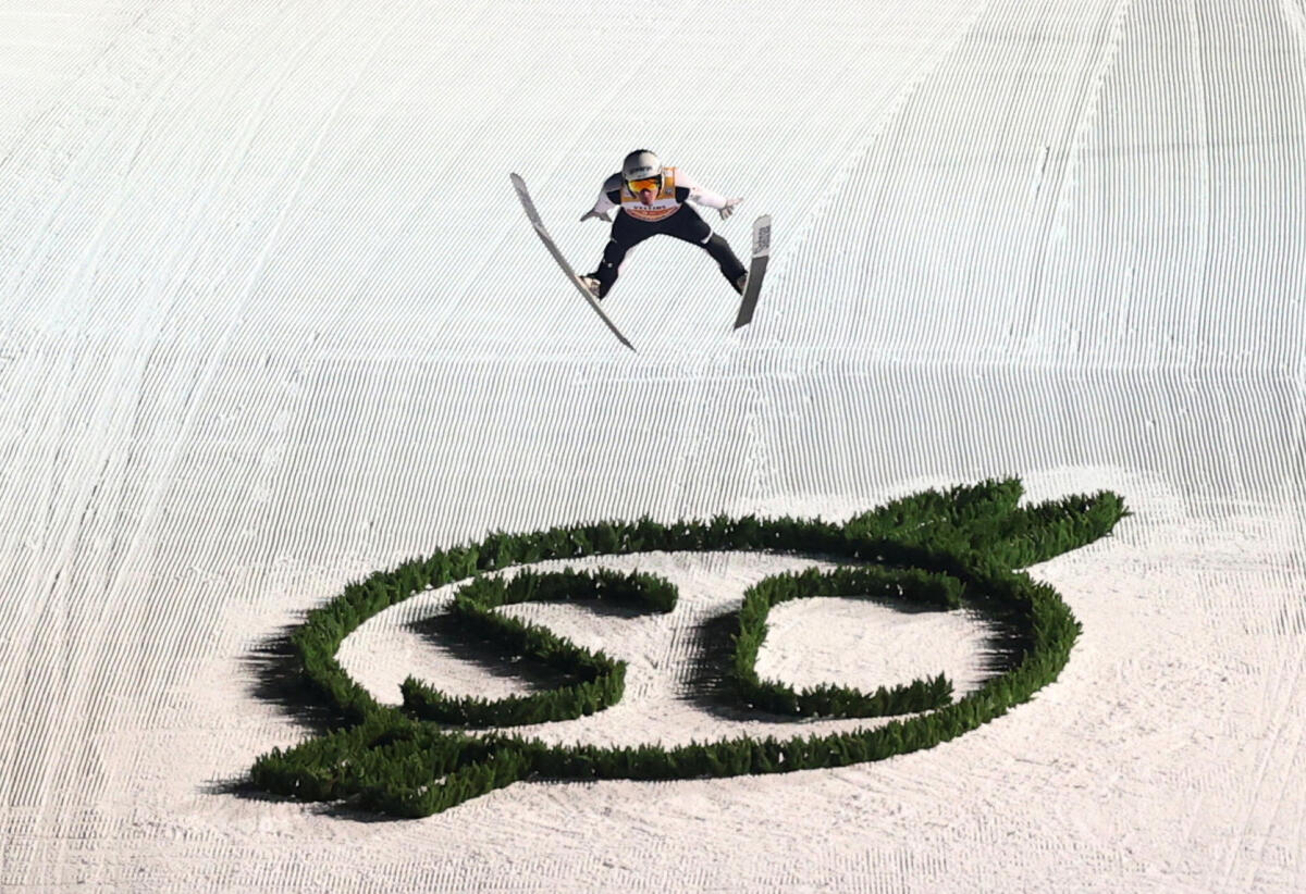 Four Hills Tournament - Oberstdorf, Germany - December 29, 2025 Slovenia's Domen Prevc in action during the final round.