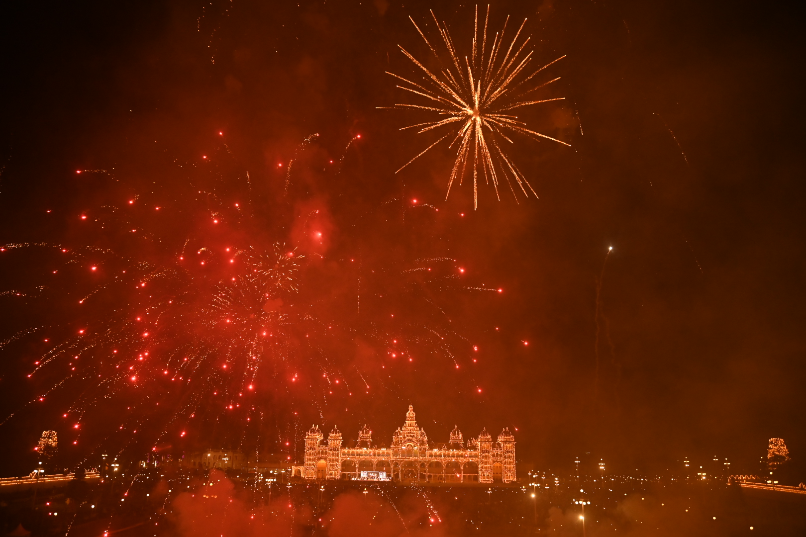 Fireworks at the backdrop of Illuminated Mysuru palace at 12am on Wednesday night, hosted by Mysuru Palace Board to usher in the New Year. 