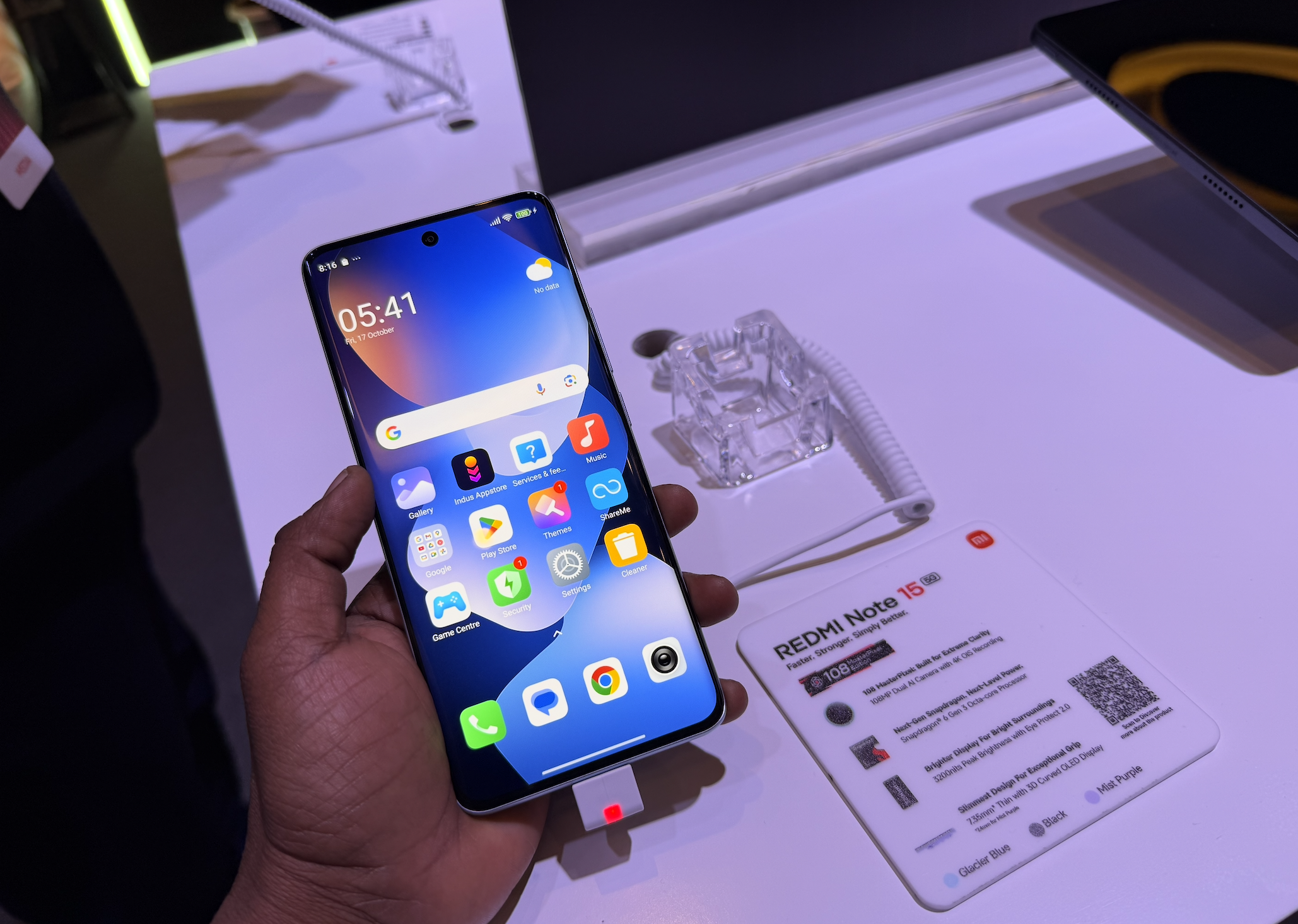 Redmi Note 15 displayed at the launch event in Delhi, on January 6, 2026.