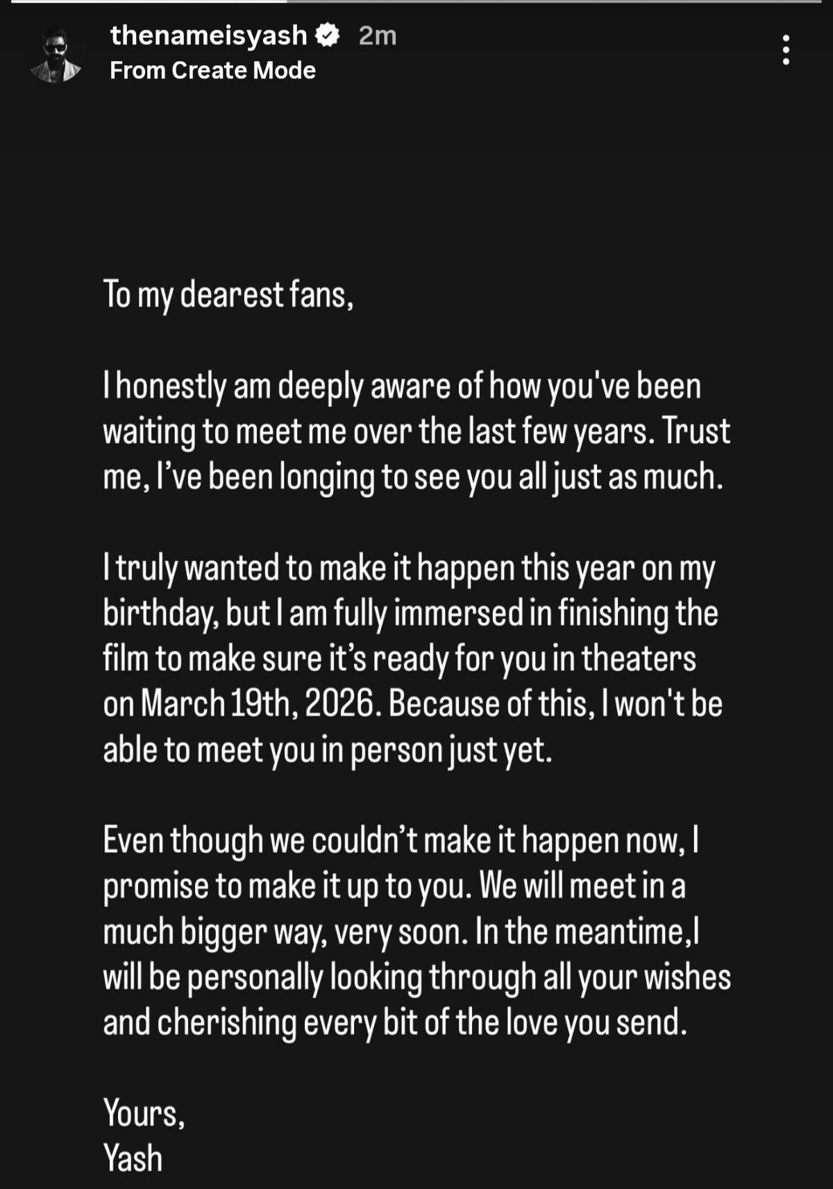 Screengrab of actor Yash's Instagram story.