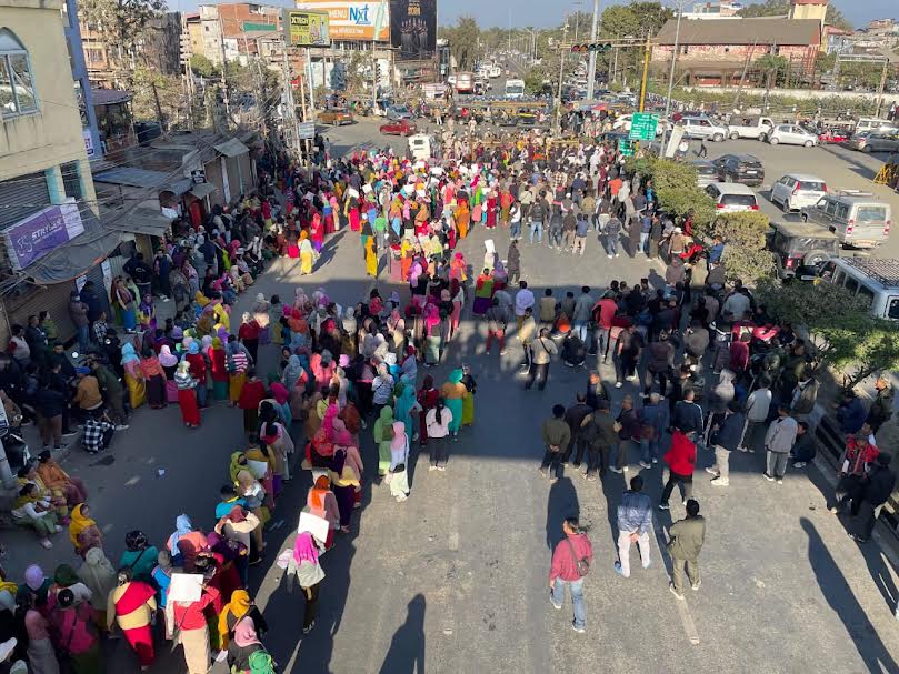 Displaced Meiteis and COCOMI members during a protest in Imphal on Monday.