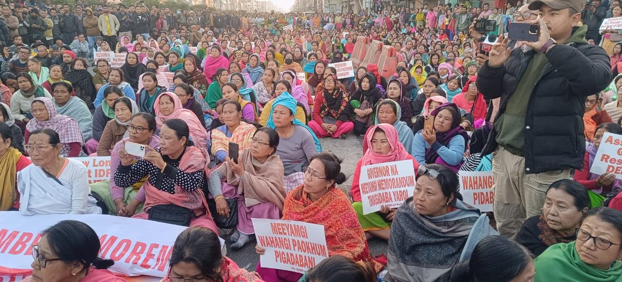 Displaced Meiteis and COCOMI members during a protest in Imphal on Monday. 
