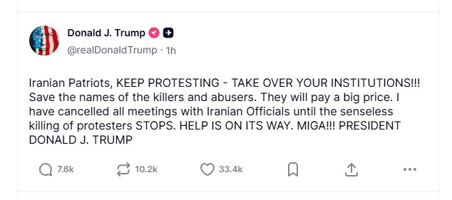 Screenshot of Trump's post on Truth Social.