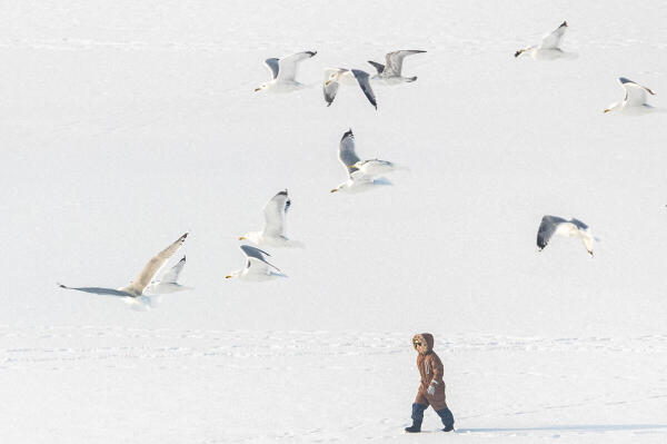 A boy walks on a frozen lake on a frosty winter day, amid Russia's attack on Ukraine, in Kyiv, Ukraine.