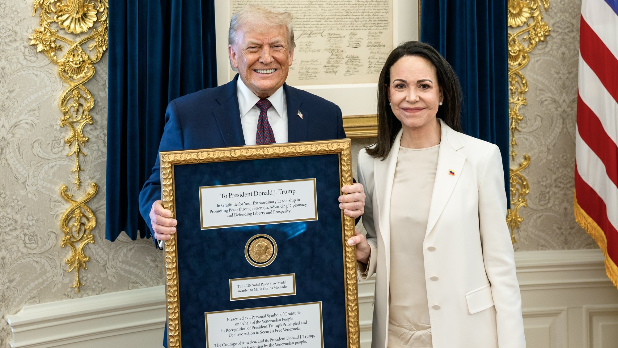 Donald Trump finally 'gets' Nobel Peace Prize; Venezuelan opposition leader Maria Machado 'presents' her award to US President 