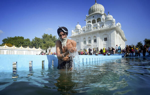 A sikh devotee takes a holy dip in a sarovar at the Gurudwara Chheharta Sahib during 'Basant Panchami' celebrations, in Amritsar, Punjab.