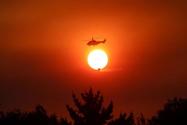 A helicopter battles a forest fire in the Biobio region, where multiple wildfires have prompted emergency evacuations, in Florida, Chile.