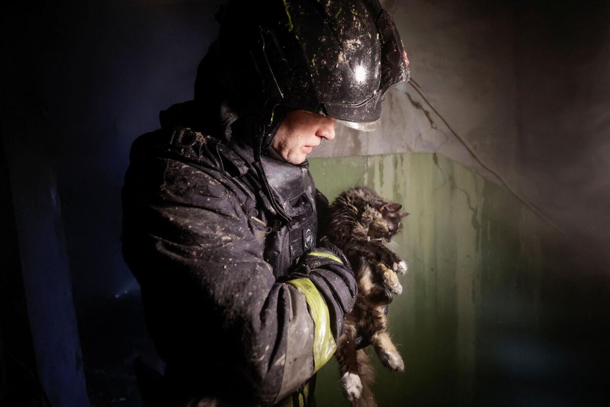 A firefighter carries a cat found inside an apartment building hit by a Russian drone strike, amid Russia's attack on Ukraine, in Kharkiv, Ukraine.