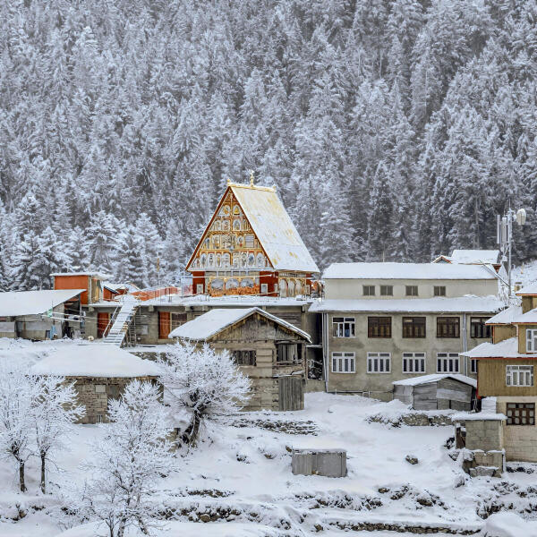 Machail Mata temple is blanketed in snow after fresh snowfall, at Paddar, in Kishtwar district of Jammu and Kashmir.