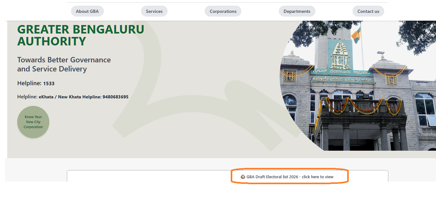 GBA's official website with Draft Electoral List 2026 banner [marked in orange box at the base)