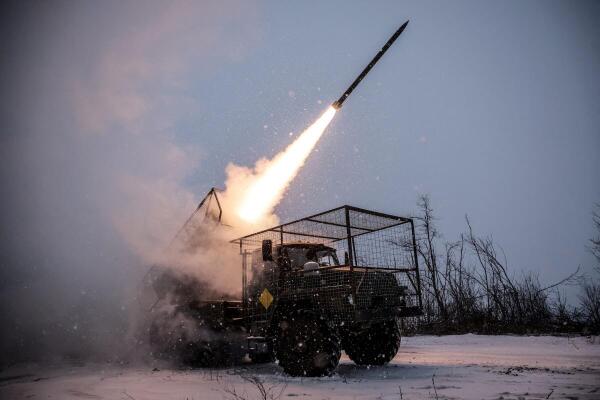 Servicemen of the 24th Separate Mechanized Brigade of the Ukrainian Armed Forces fire a BM-21 Grad multiple launch rocket system towards Russian troops, amid Russia's attack on Ukraine, near the frontline town of Chasiv Yar in Donetsk region, Ukraine.