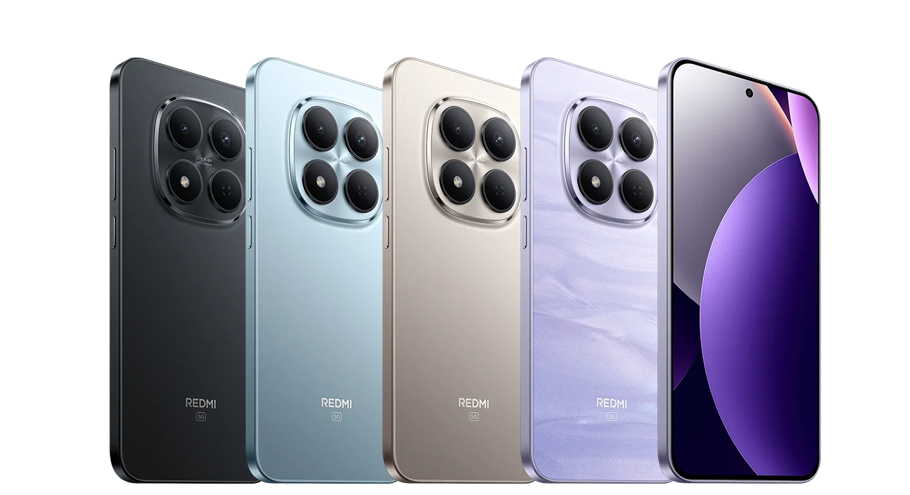 Redmi Note 15 Pro colour options-- black, glacier blue, mist purple, and titanium.