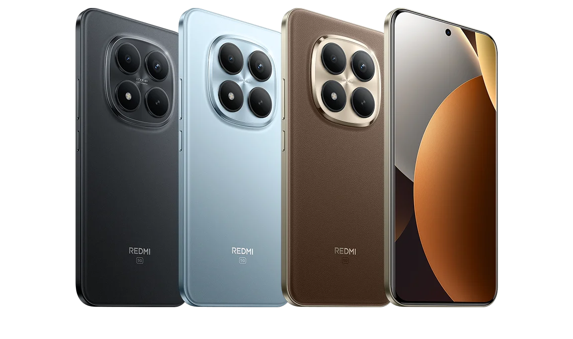 Redmi Note 15 Pro+ colour options-- black, glacier blue and mocha brown.
