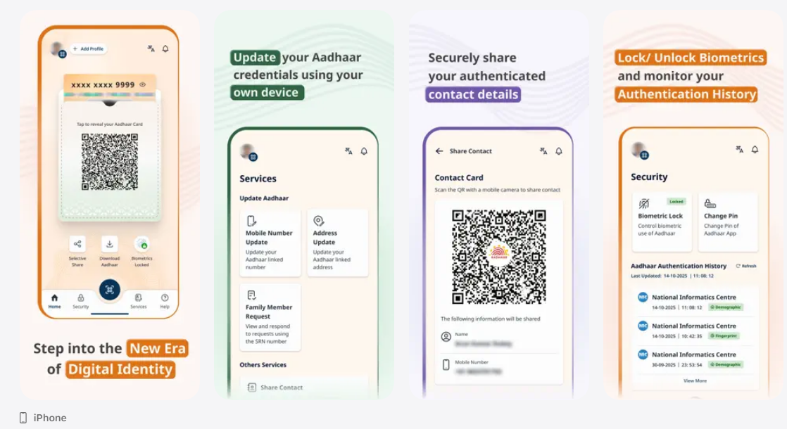 Aadhaar mobile app UI.