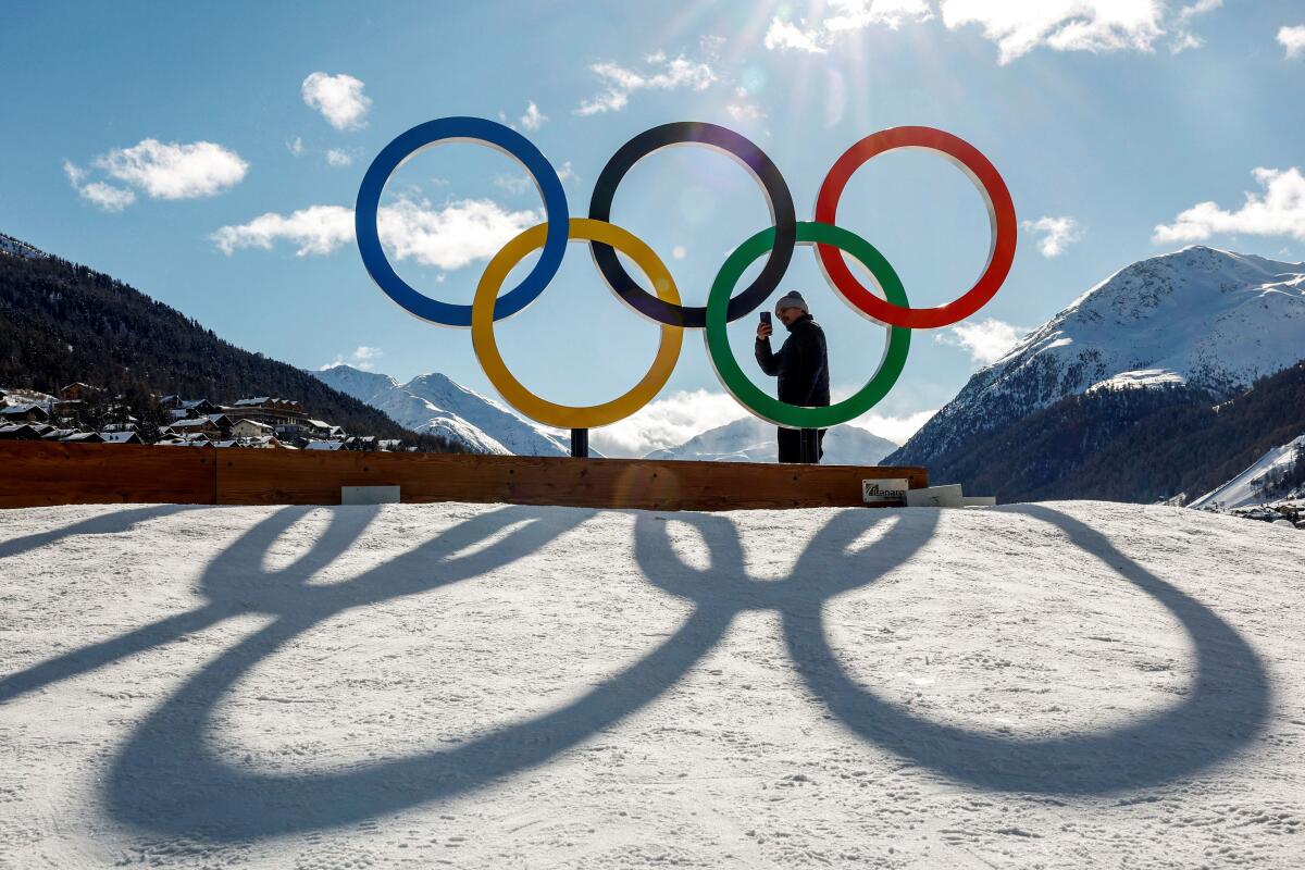 General view of the Olympic rings ahead of the Milano Cortina 2026 Winter Olympics.