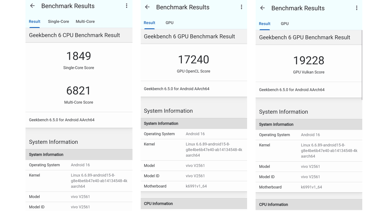 Vivo X200T's CPU and GPU performance score on Geekbench 6.0.