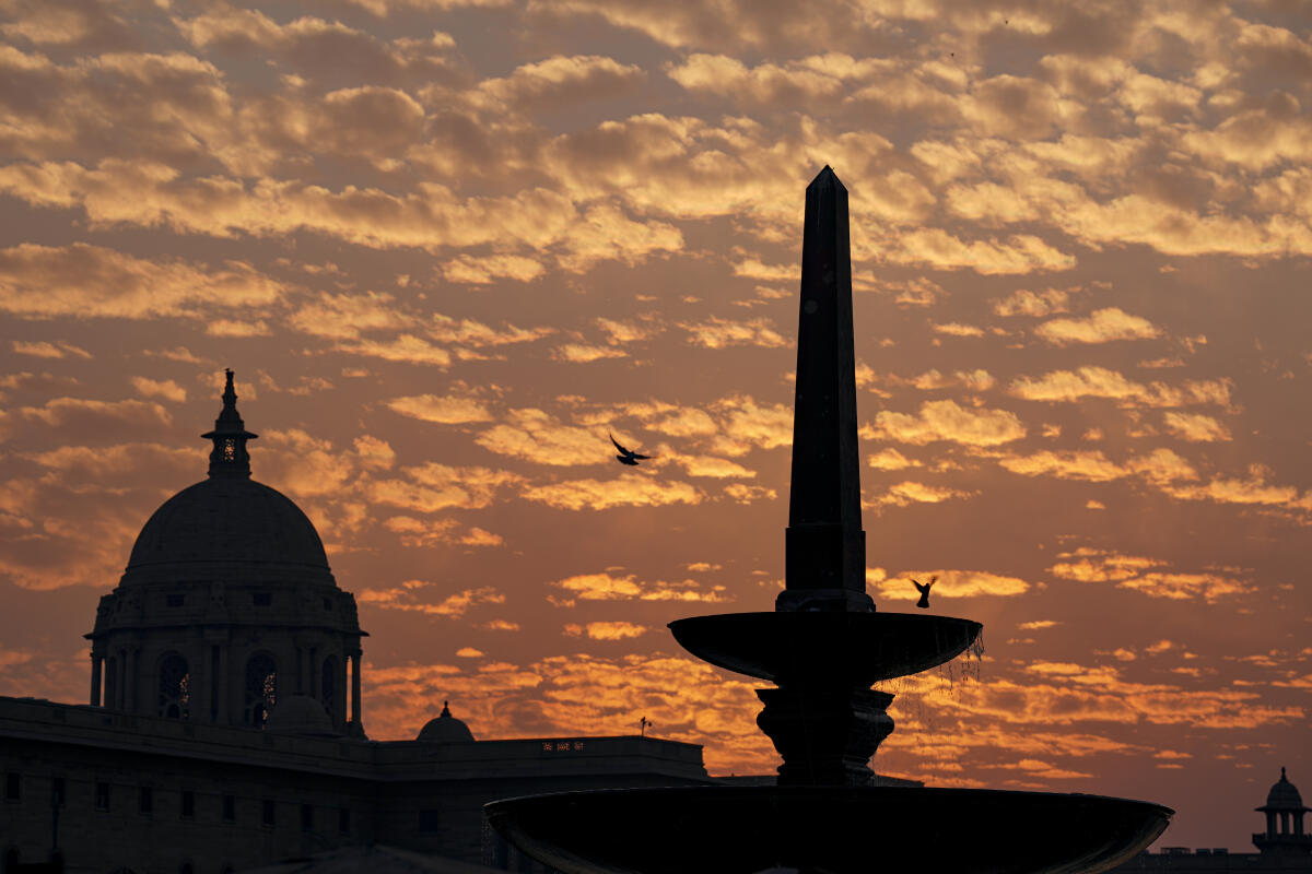 South Block silhouetted against the setting sun, in New Delhi.