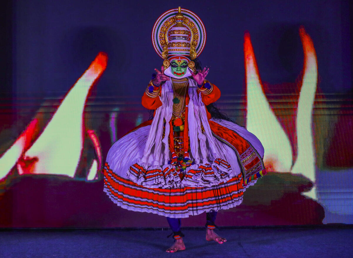 An artist performs the 'Kathakali' dance ahead of the Kerala Tourism Meet, in Hyderabad, Tuesday, Feb. 10, 2026. 