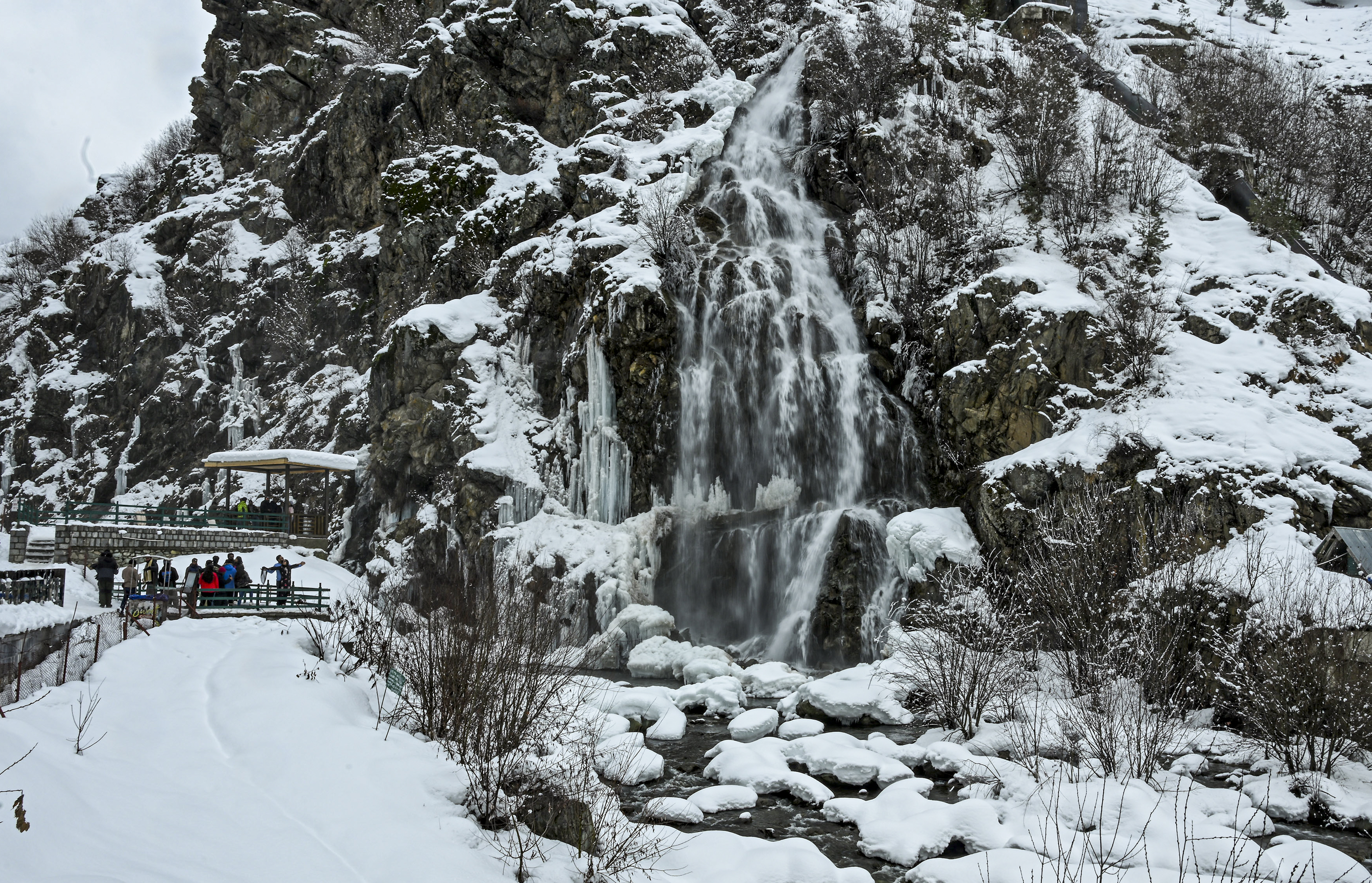  A frozen waterfall at a snow-covered area, at Tanmarg, in Baramulla district of Jammu and Kashmir.